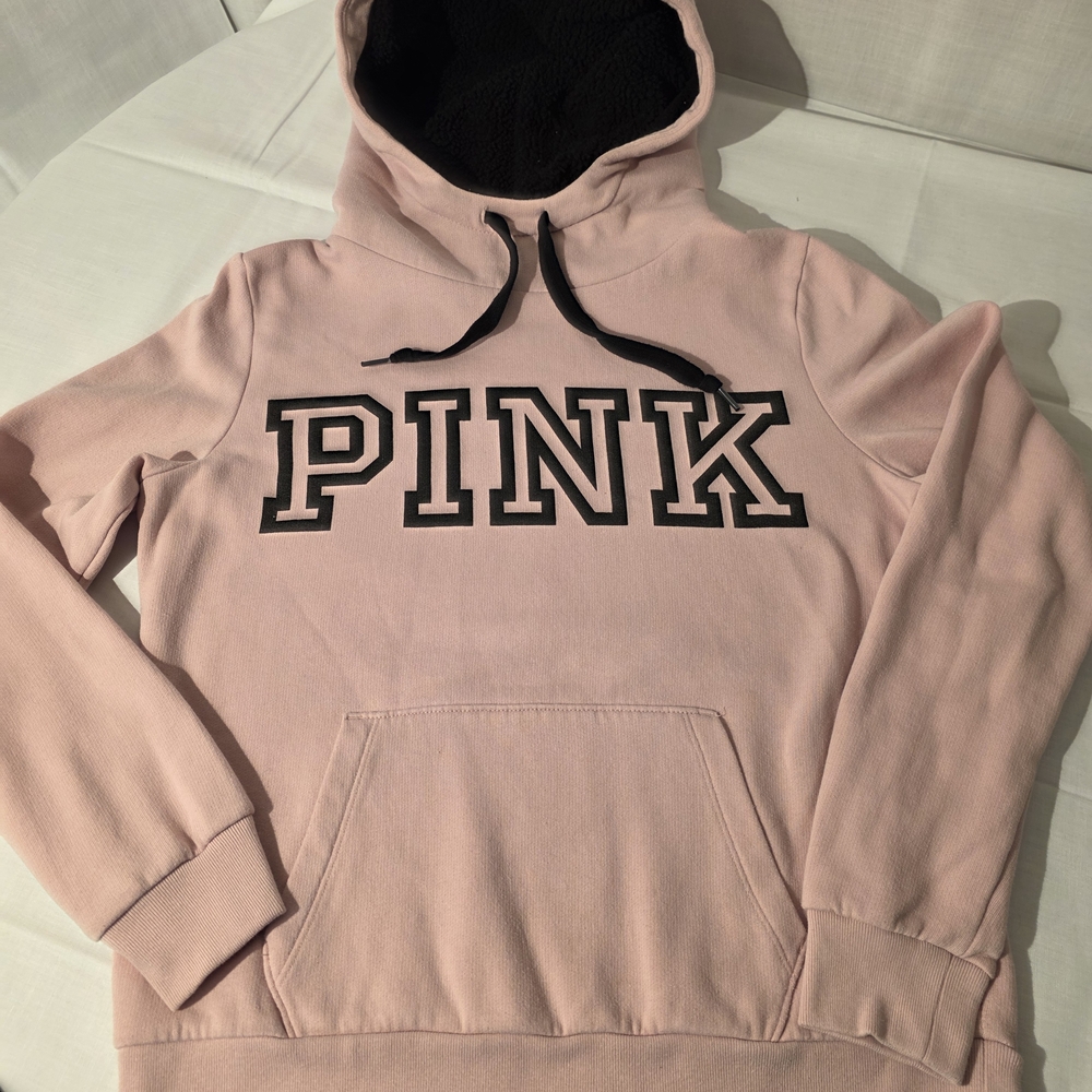PINK Victoria's Secret Light Pink Hoodie with Black Logo. Sz Med